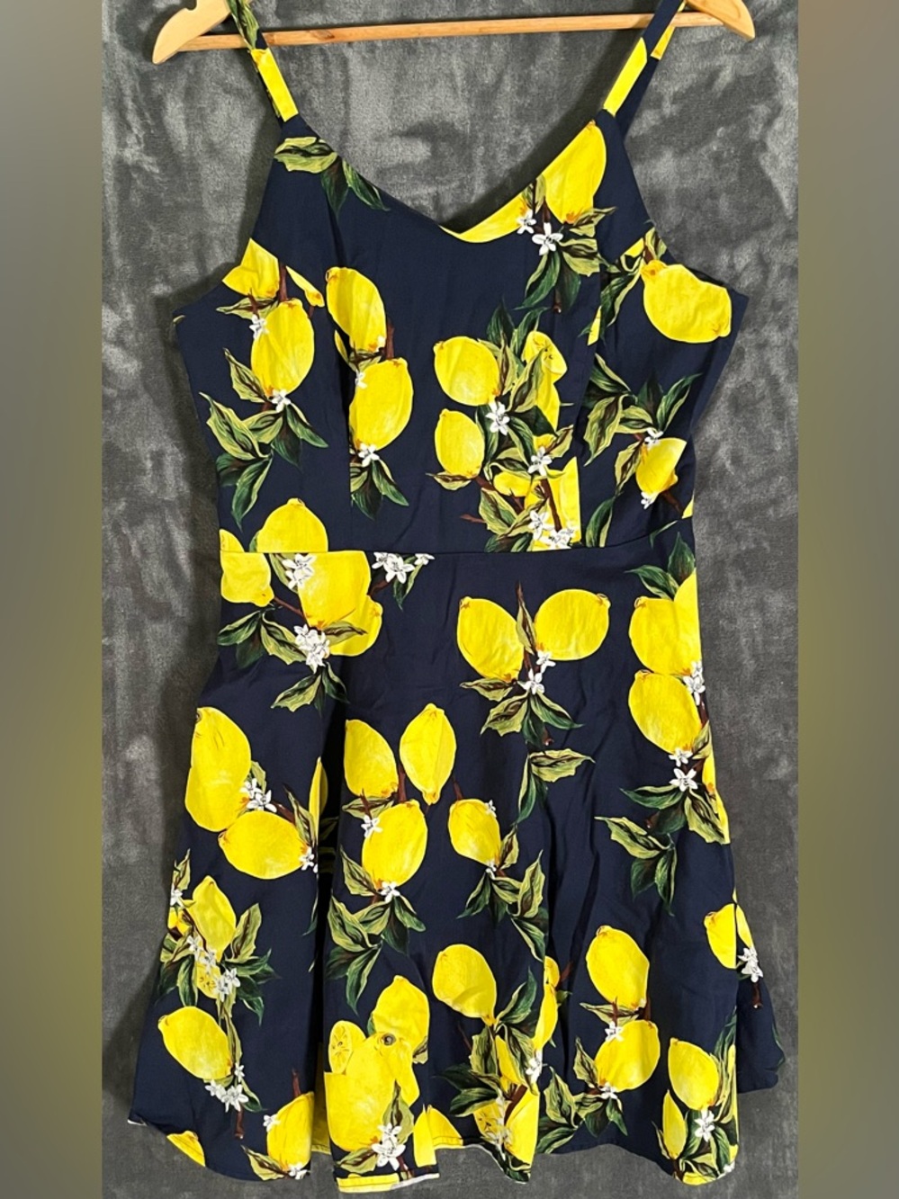GOOBGS Navy Blue Lemon Pattern Flare Sleeveless Dress XL